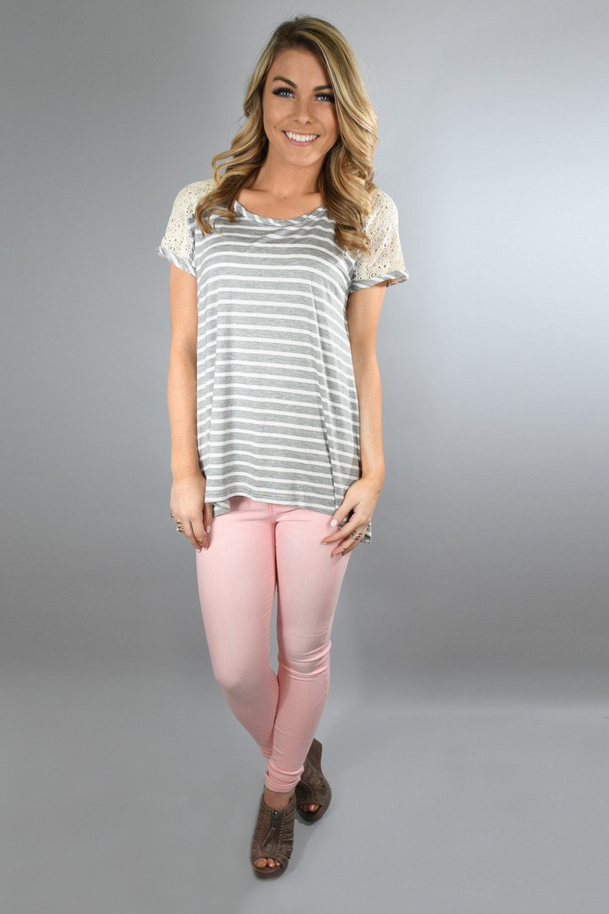 Heather Grey Lace Shoulder Top