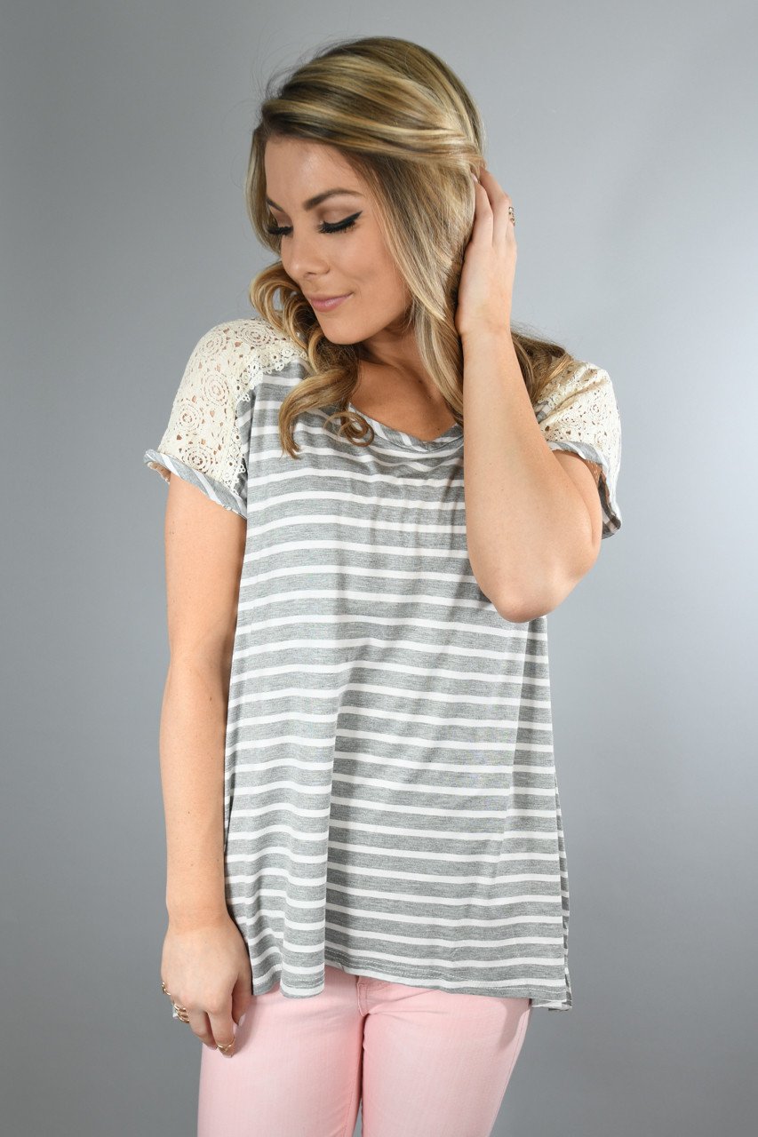 Heather Grey Lace Shoulder Top