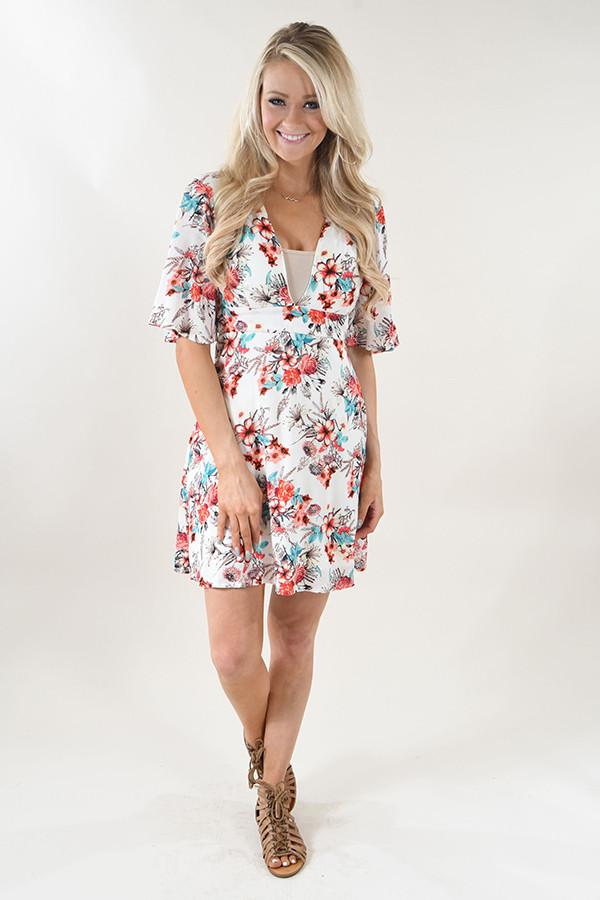Ivory V-Neck Floral Dress
