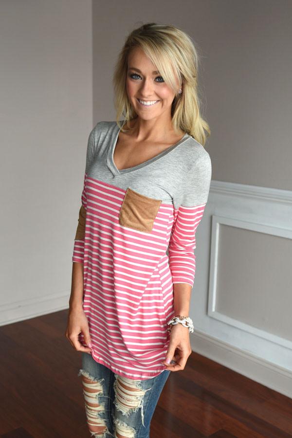 Pink Striped Elbow Patch Top