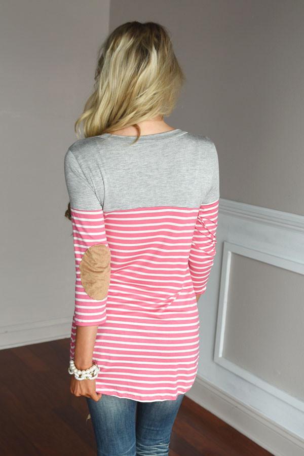 Pink Striped Elbow Patch Top