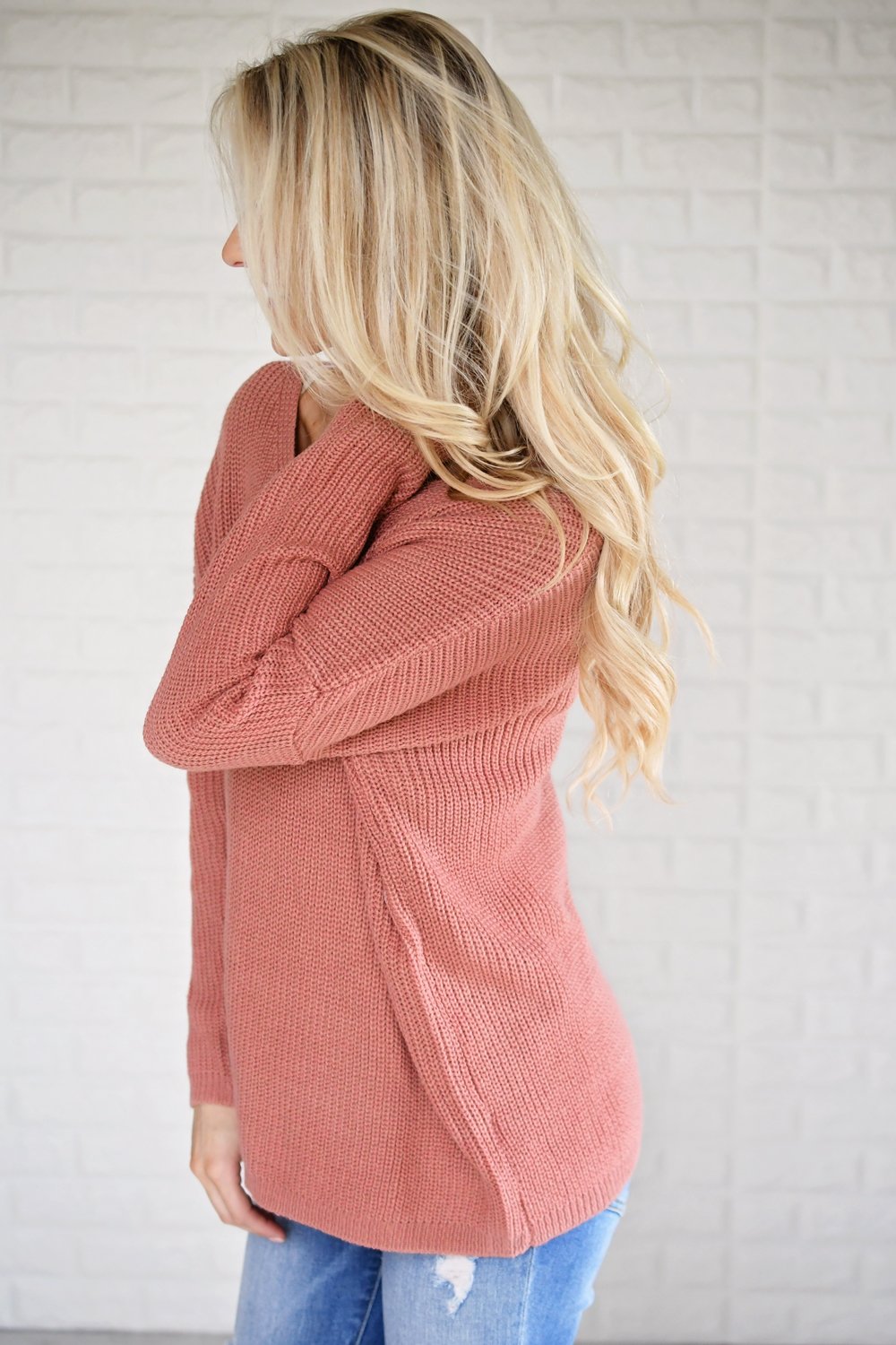 Back Lace Up Sweater ~ Salmon