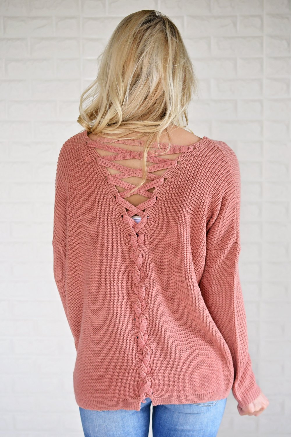 Back Lace Up Sweater ~ Salmon