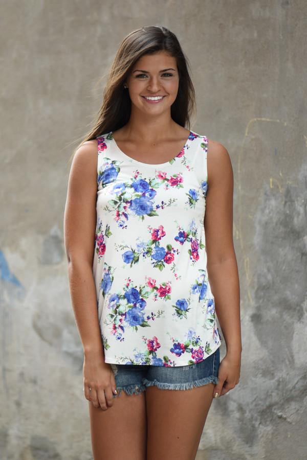 Ivory Floral Tank ~ Blueberry