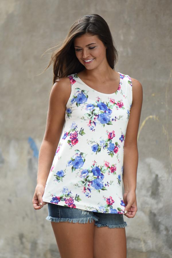 Ivory Floral Tank ~ Blueberry