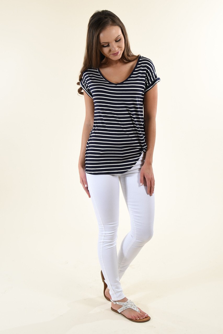 Navy Striped V-Neck Knot Top