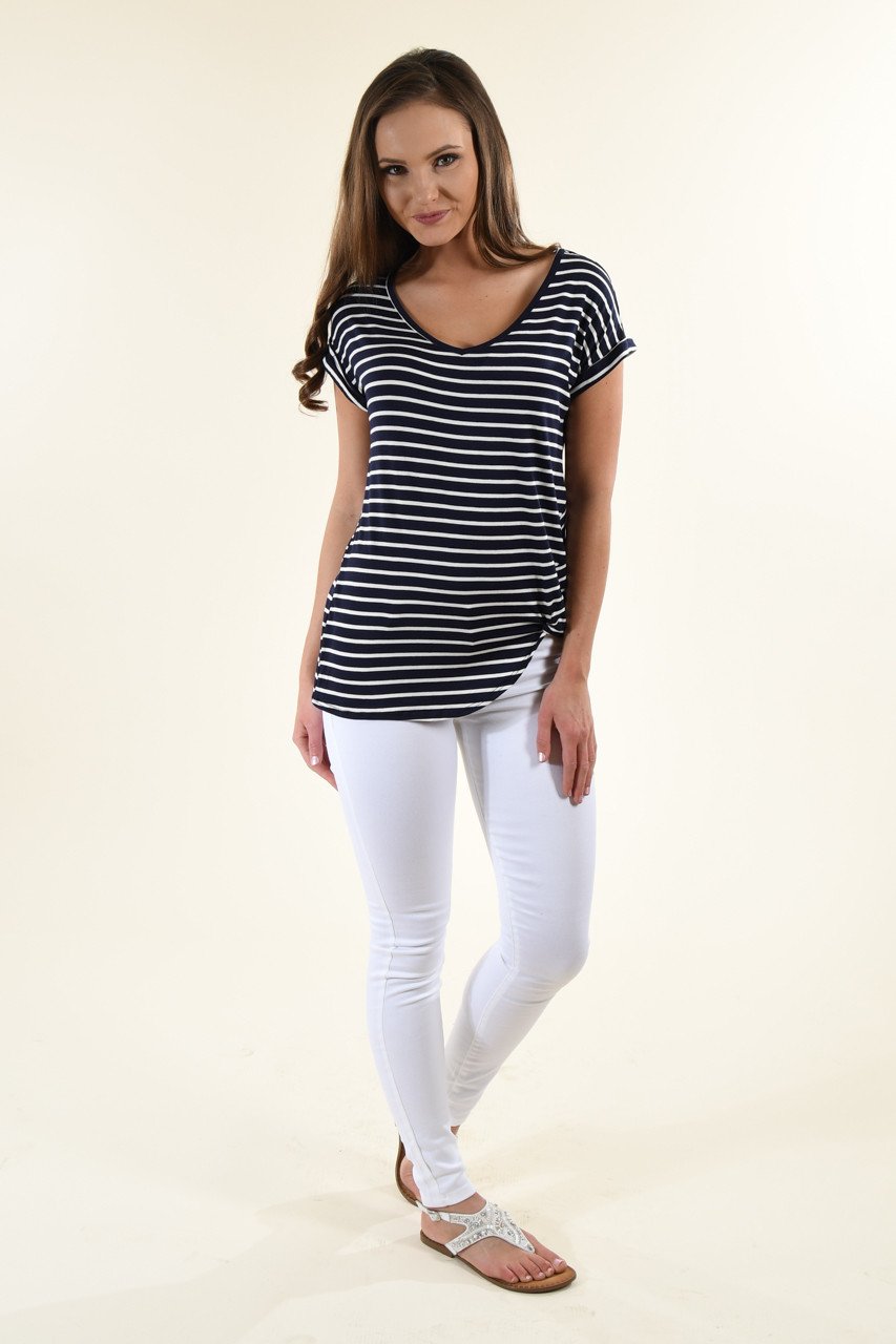 Navy Striped V-Neck Knot Top