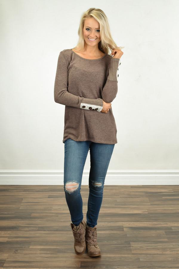 Button Sleeve Top ~ Mocha
