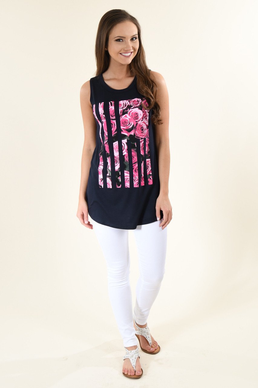 Dark Navy Floral Flag Tank Top