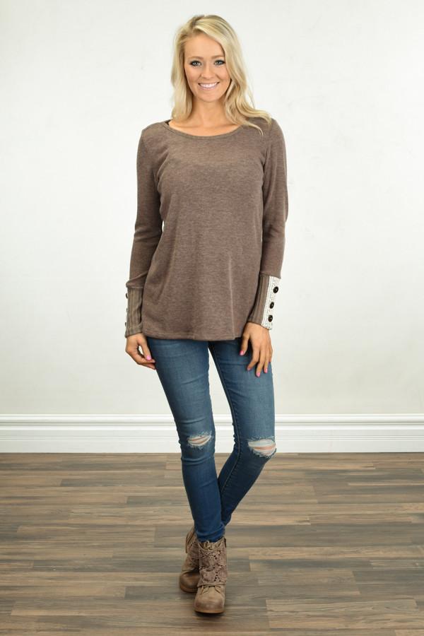 Button Sleeve Top ~ Mocha