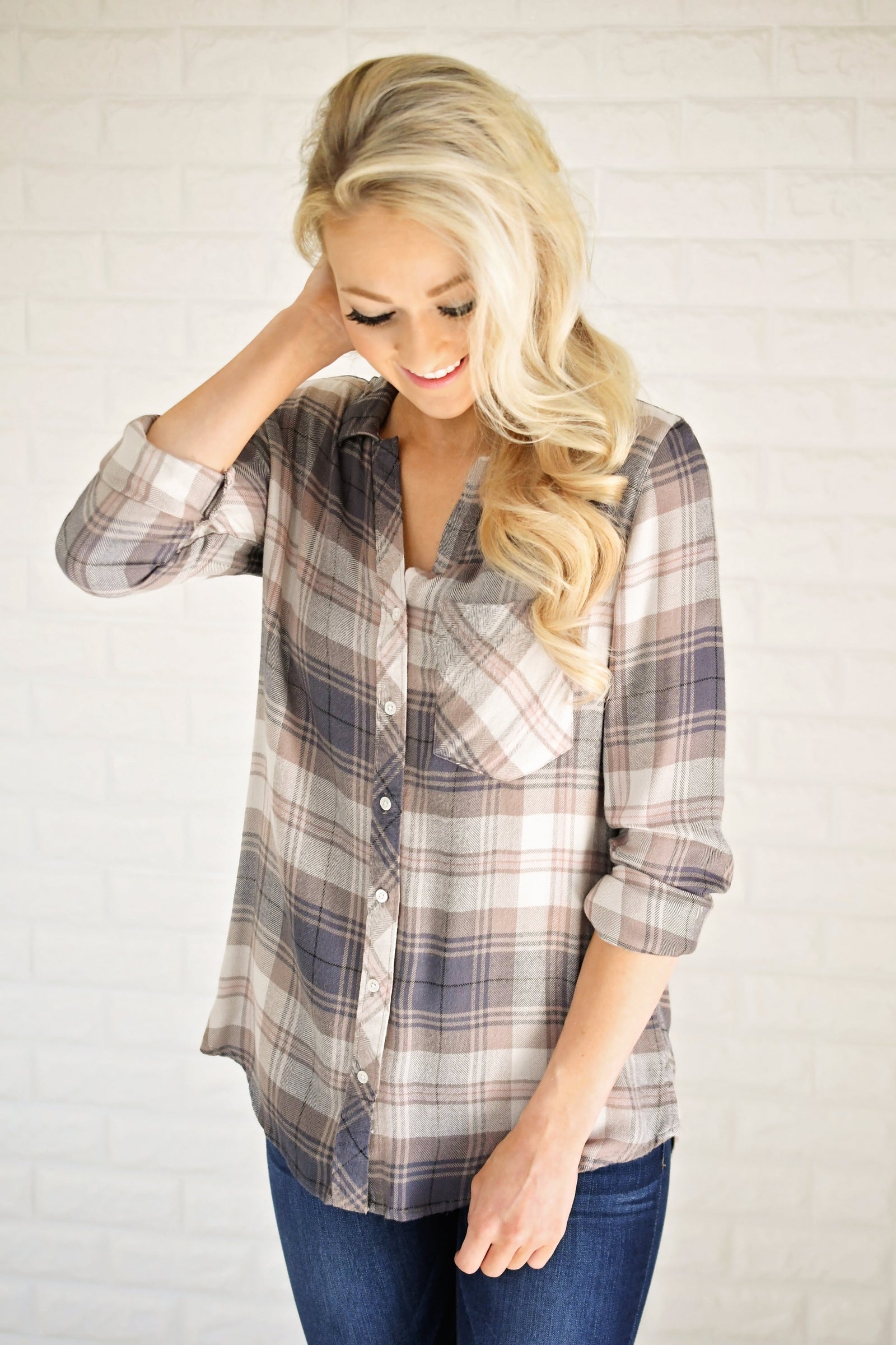 Tan & Cream Plaid Button Up Top
