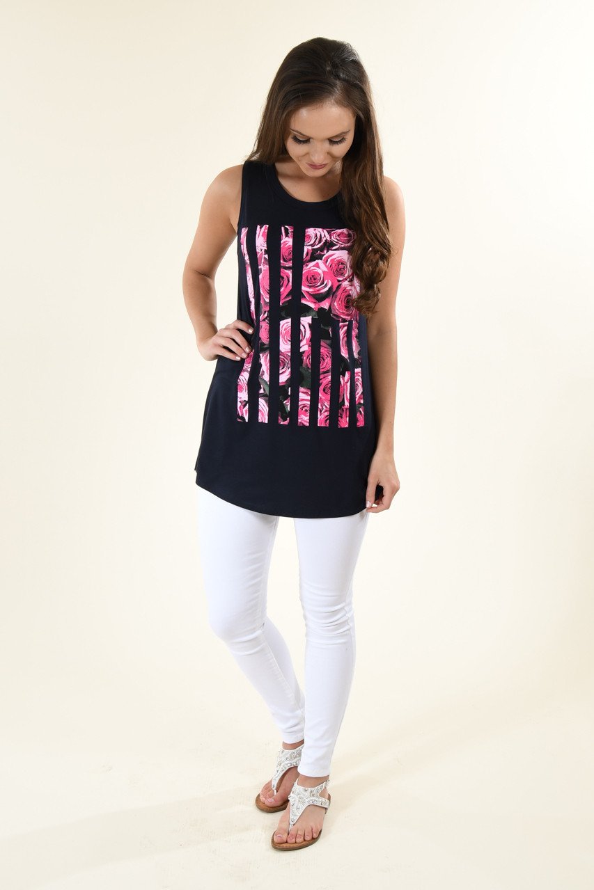 Dark Navy Floral Flag Tank Top