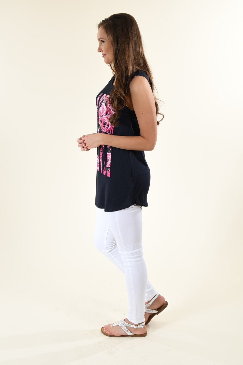 Dark Navy Floral Flag Tank Top