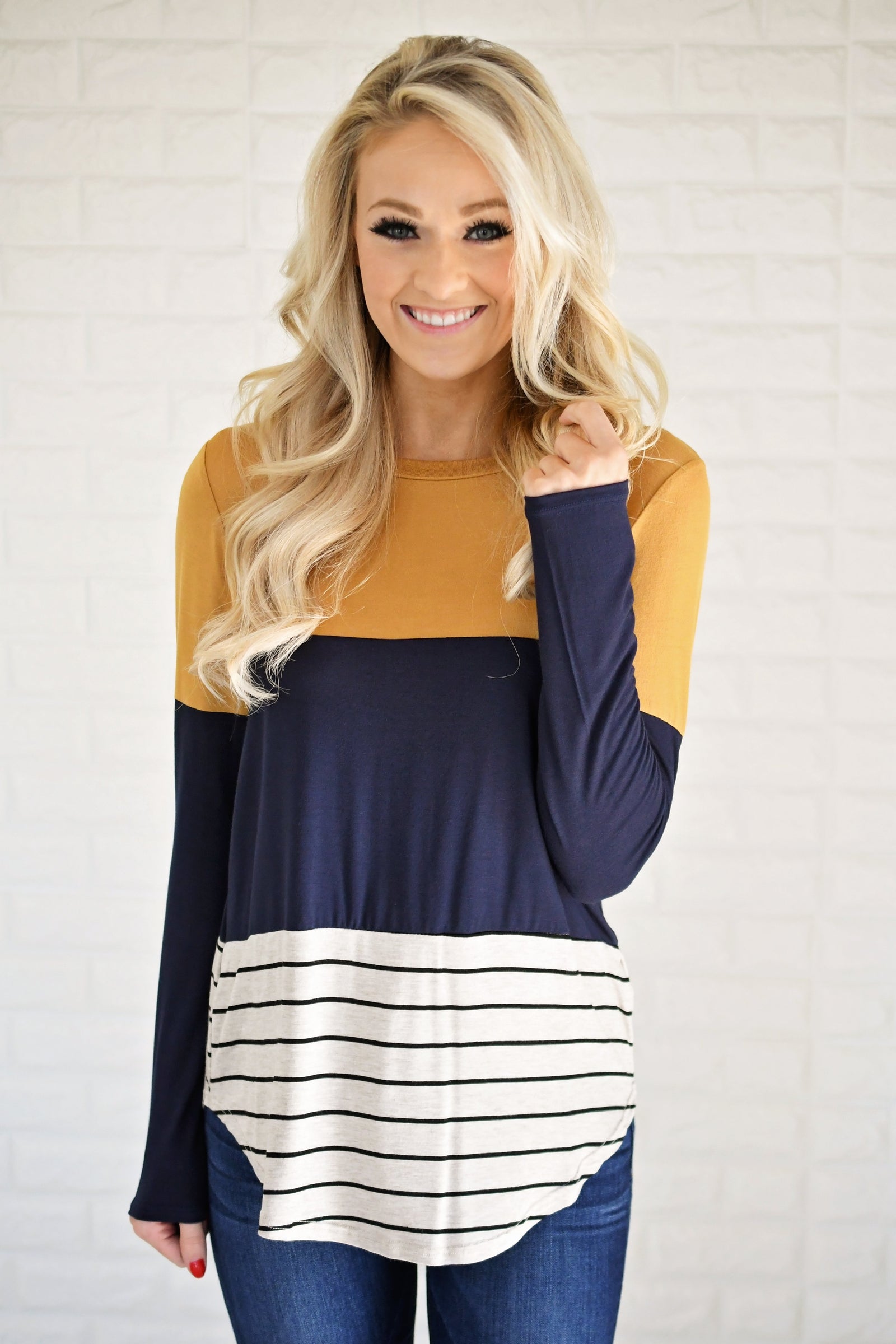 Long Sleeve Colorblock Top ~ Mustard & Navy – The Pulse Boutique