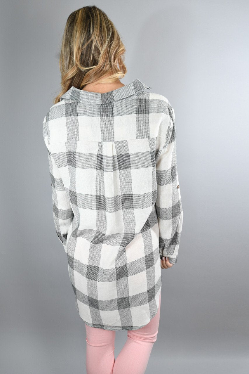 Grey and White Checkered Plaid Top