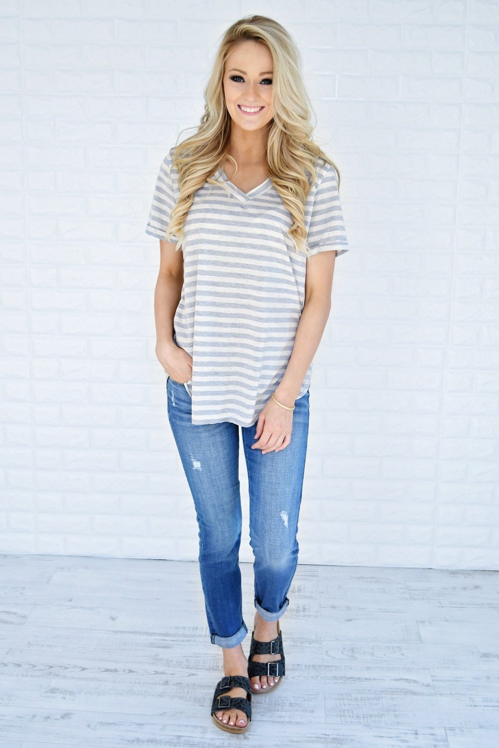 Grey Striped V-Neck Top