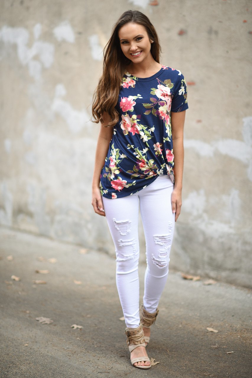 Navy Floral Short Sleeve Top