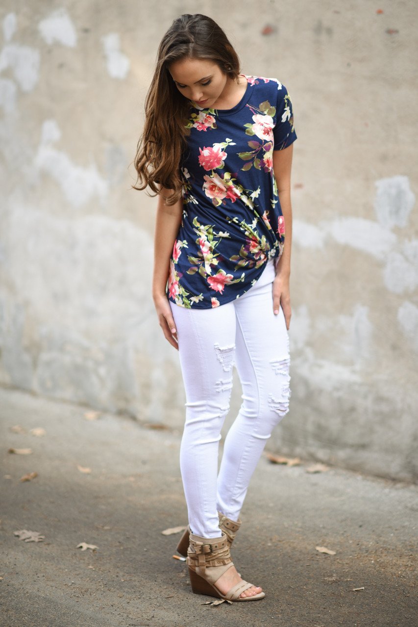 Navy Floral Short Sleeve Top