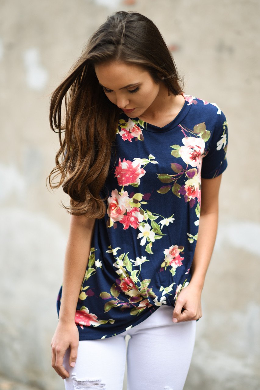 Navy Floral Short Sleeve Top