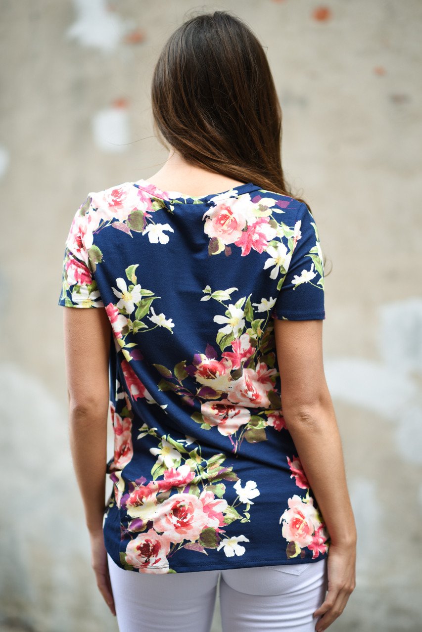 Navy Floral Short Sleeve Top