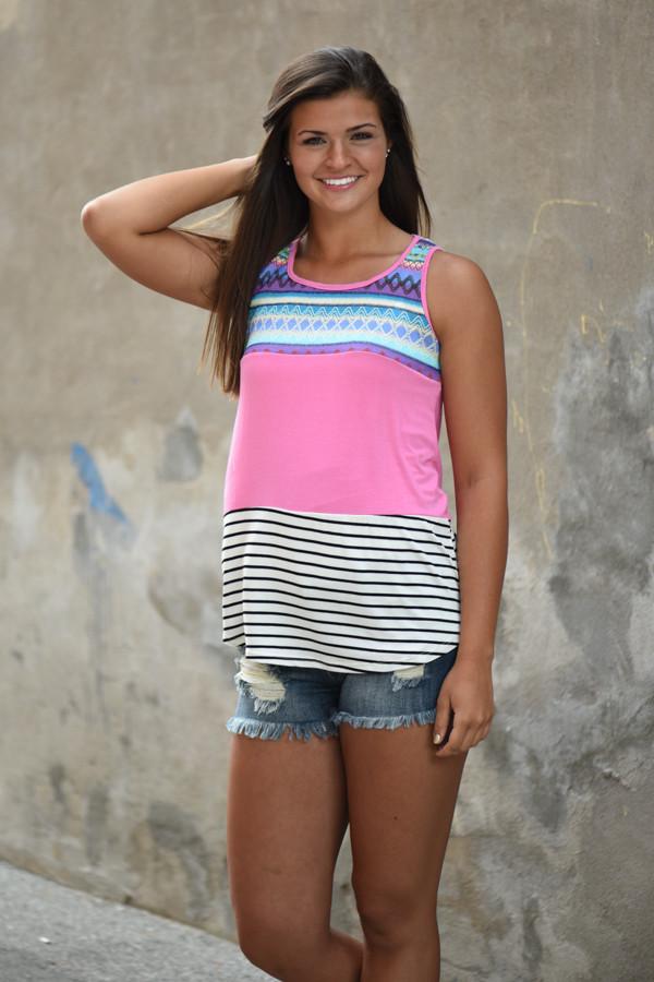 Pink Striped Embroidered Tank Top