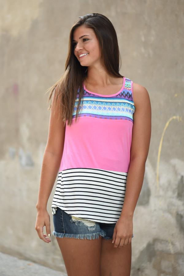 Pink Striped Embroidered Tank Top