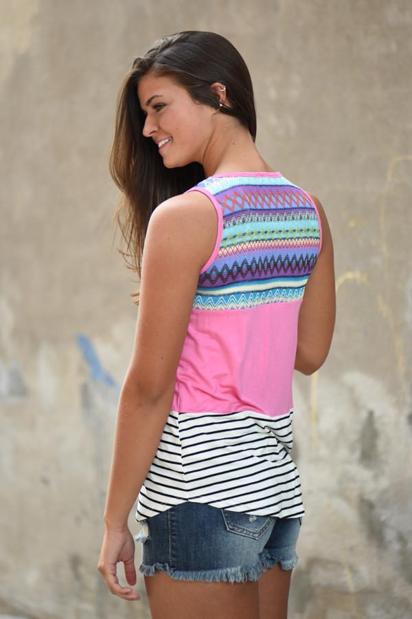 Pink Striped Embroidered Tank Top
