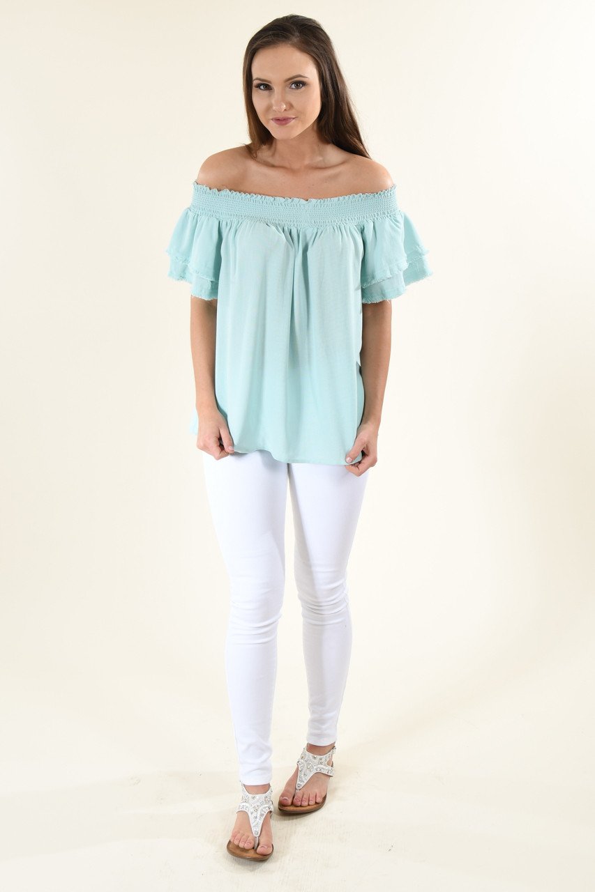 Blue Off The Shoulder Ruffle Top