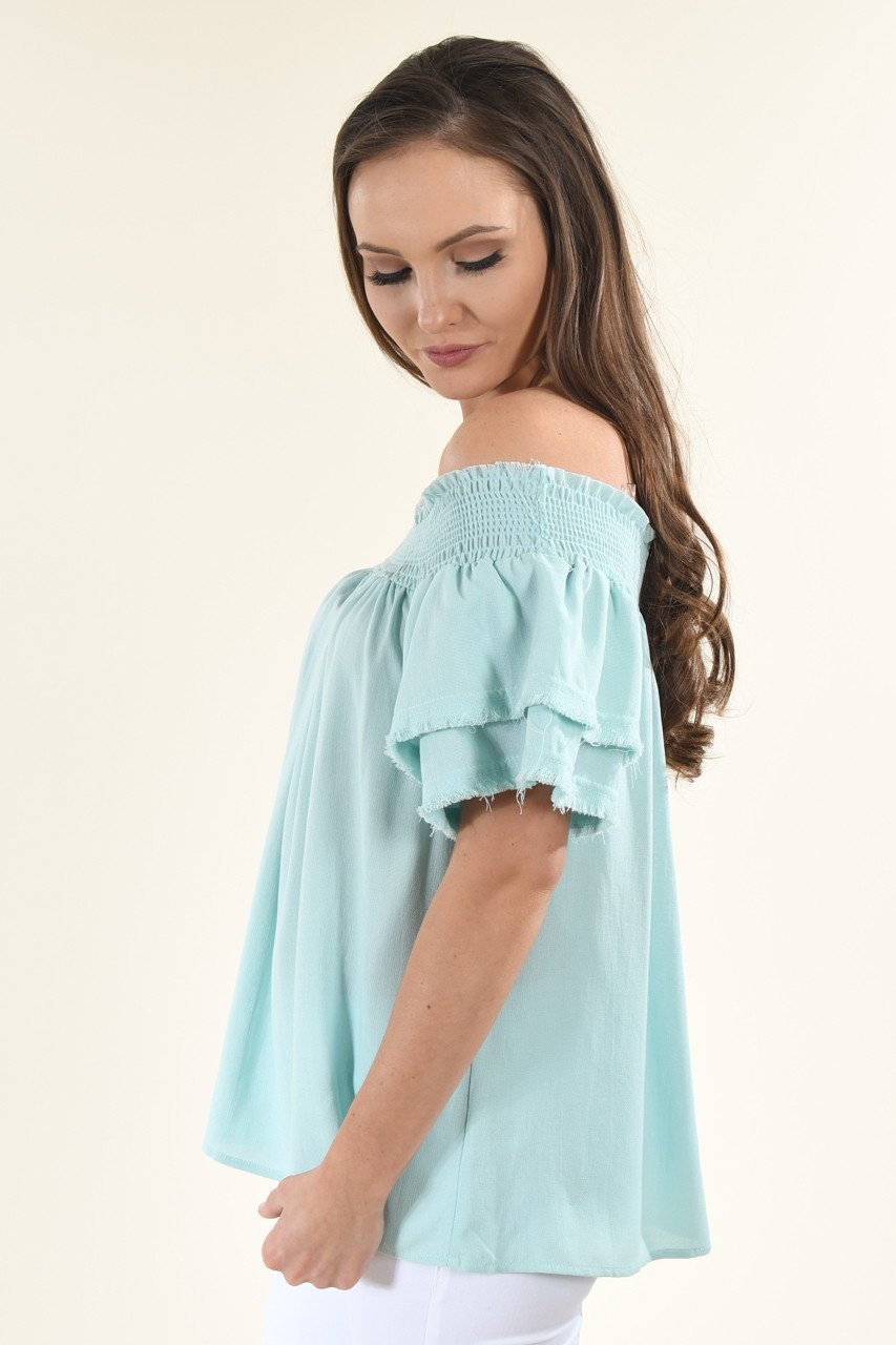 Blue Off The Shoulder Ruffle Top