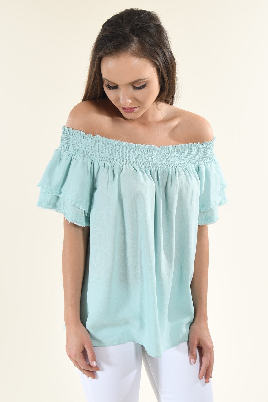 Blue Off The Shoulder Ruffle Top