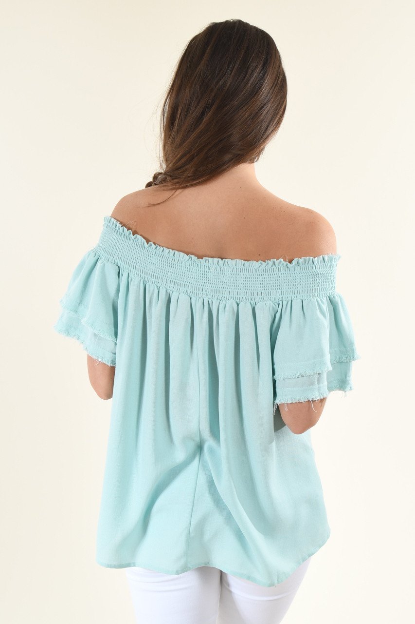 Blue Off The Shoulder Ruffle Top
