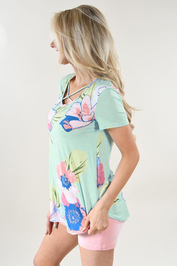 Tropical Criss Cross Floral Top ~ Mint