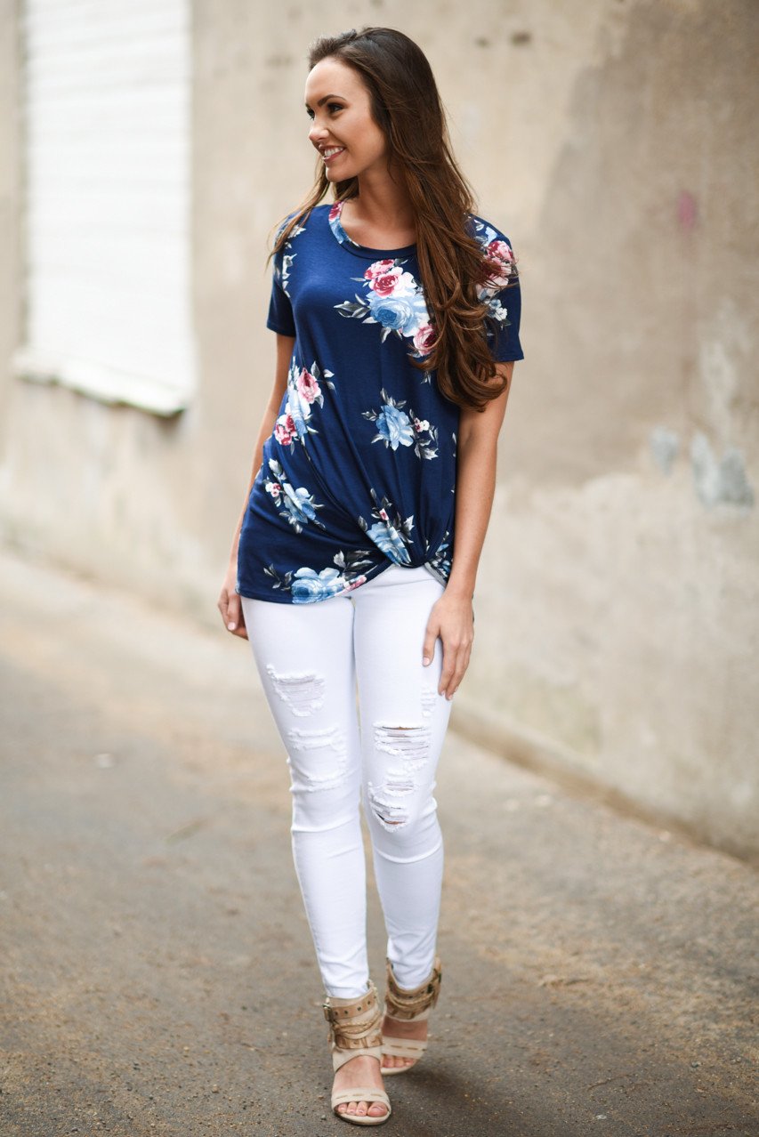 Cheers! Navy Floral Knot Top