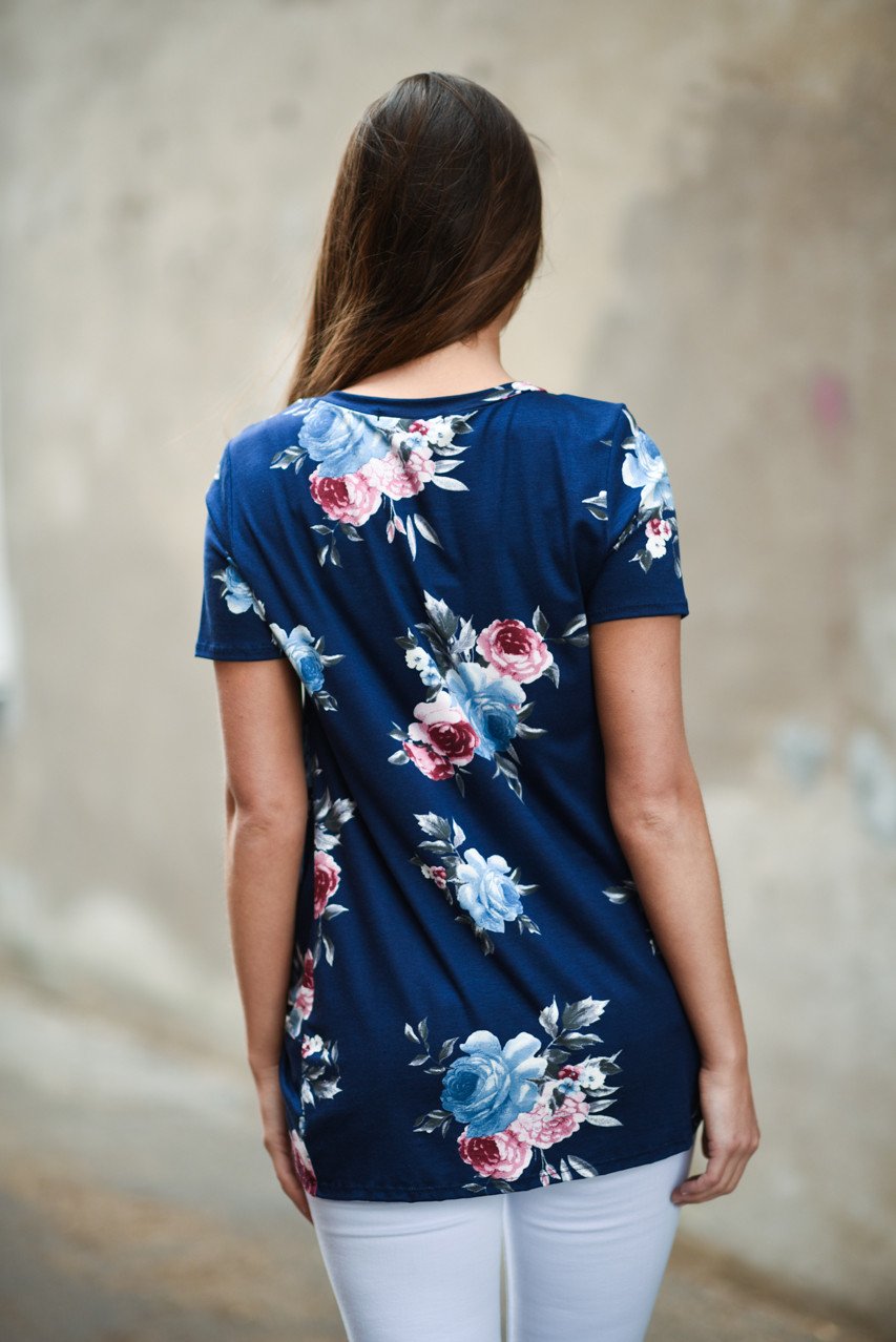 Cheers! Navy Floral Knot Top