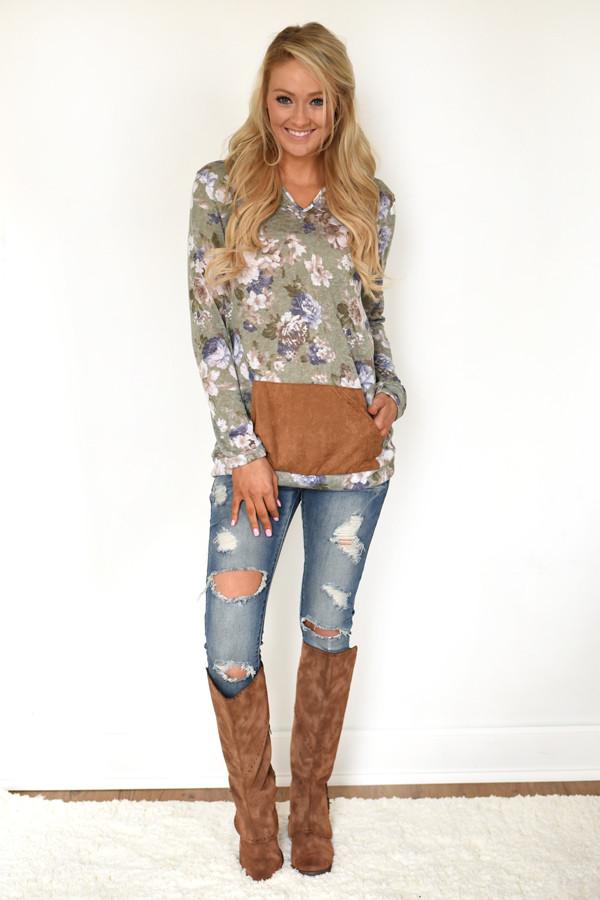 Floral Hoodie Top ~ Light Olive