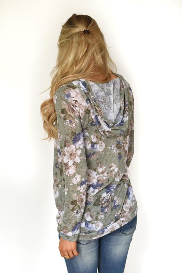 Floral Hoodie Top ~ Light Olive