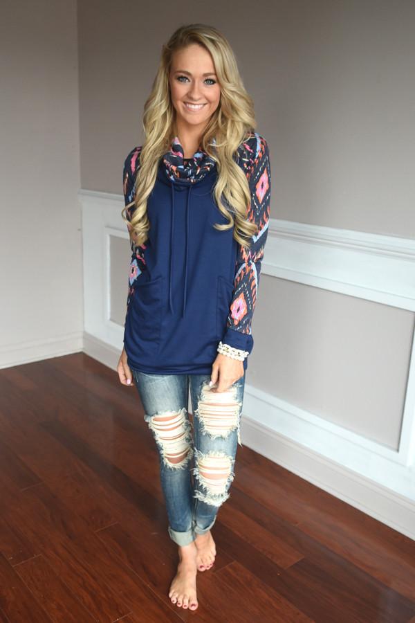Navy Cowl Neck Top