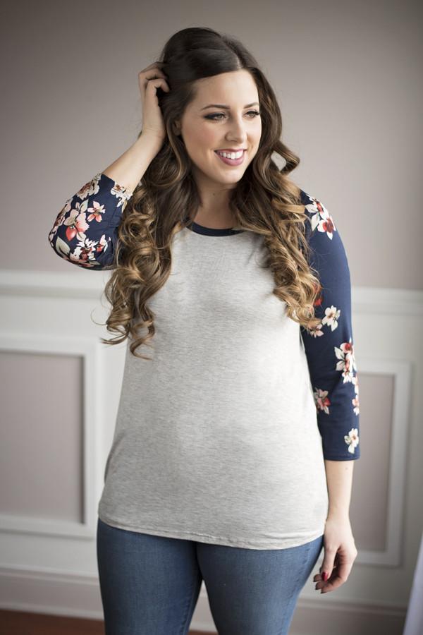 3/4 Sleeve Navy Floral Top