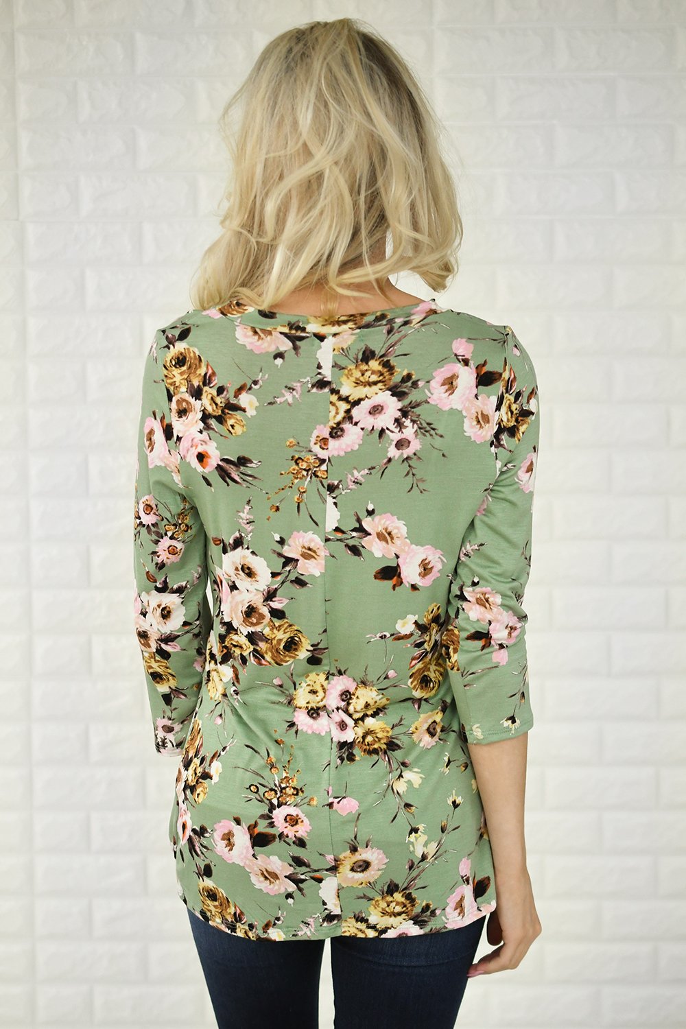 3/4 Sleeve Mint Floral Knot Top