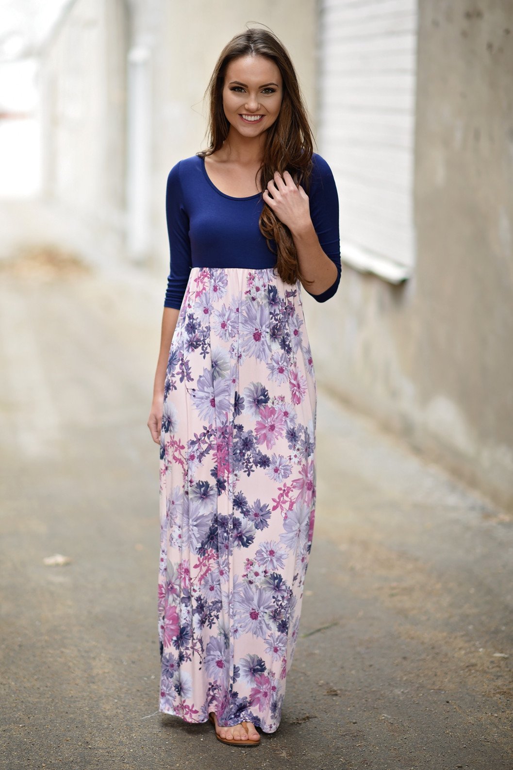 Purple & Floral 3/4 Sleeve Dress