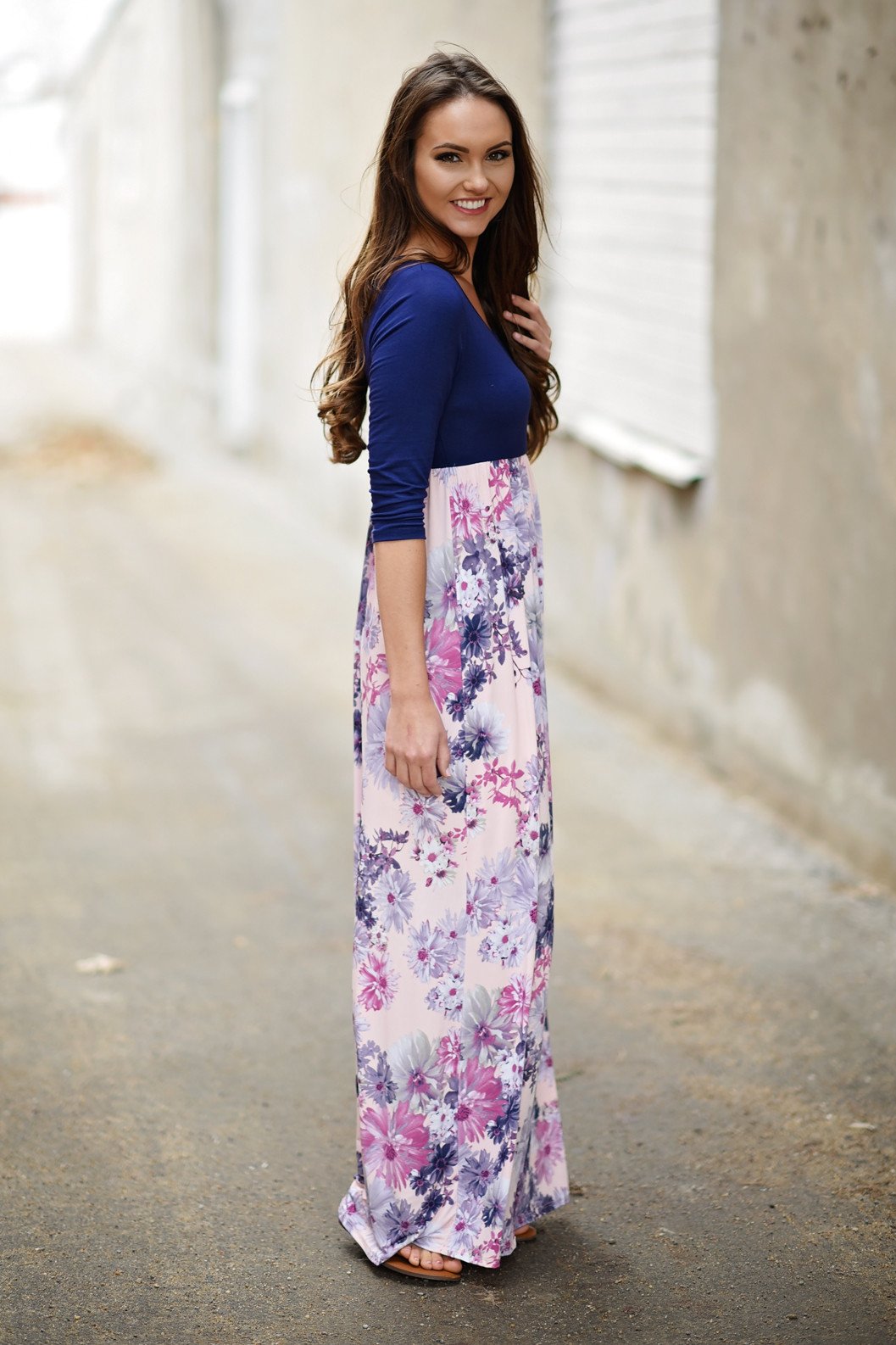 Purple & Floral 3/4 Sleeve Dress