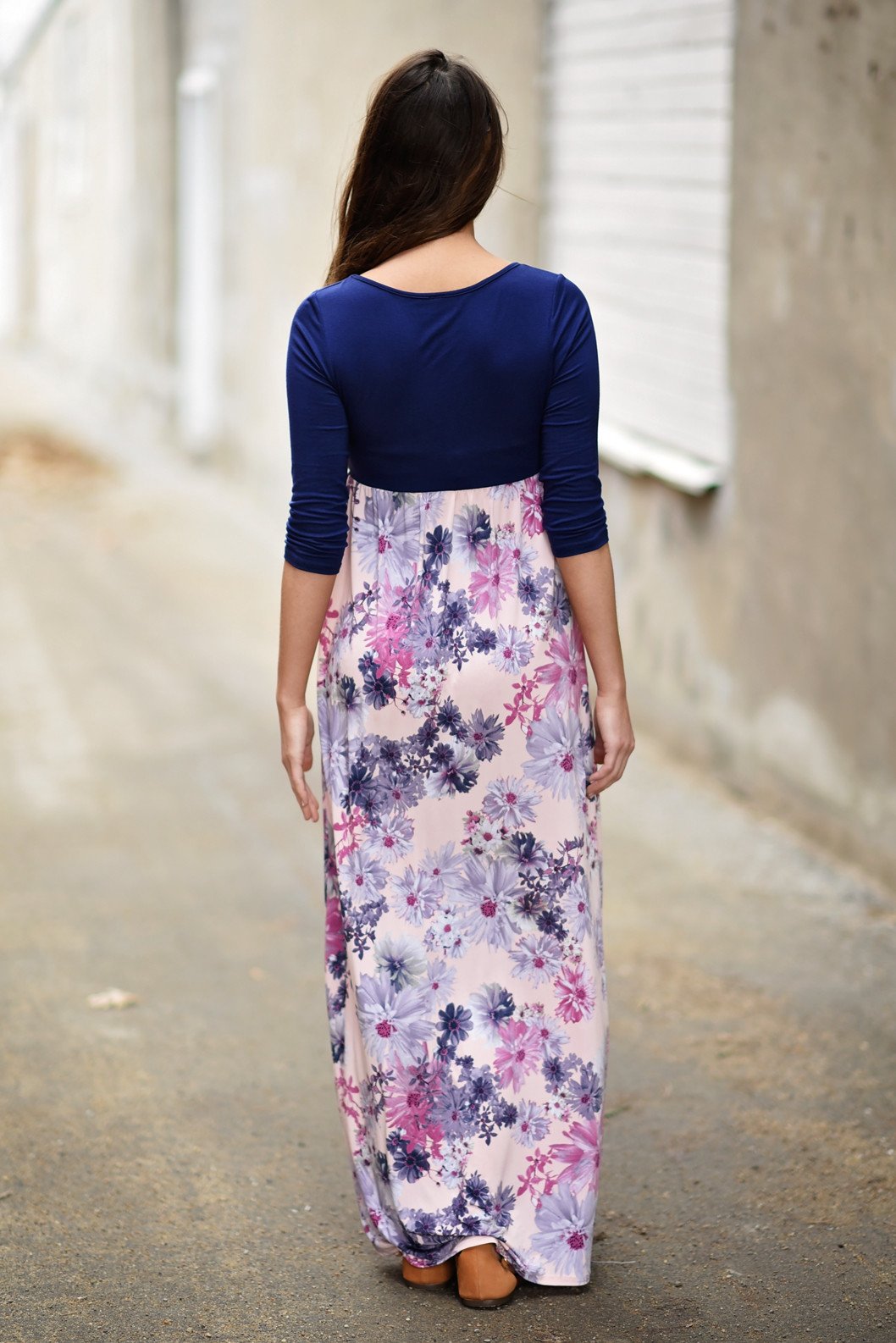 Purple & Floral 3/4 Sleeve Dress