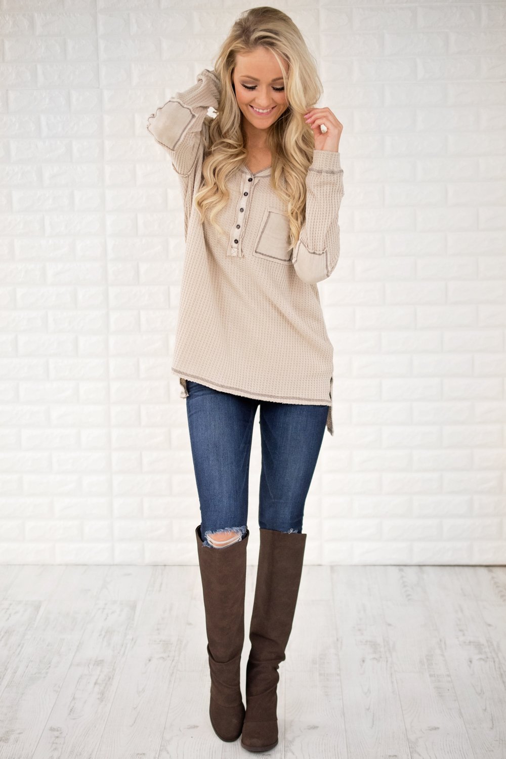 Beige Elbow Patch Thermal Top