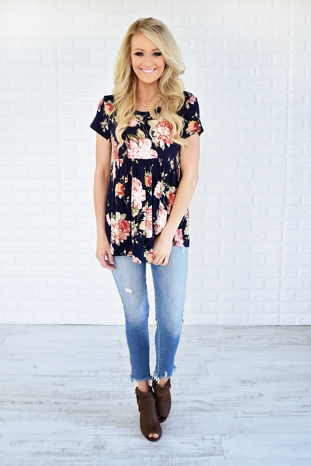 Ever After Floral Babydoll Top ~ Deep Navy