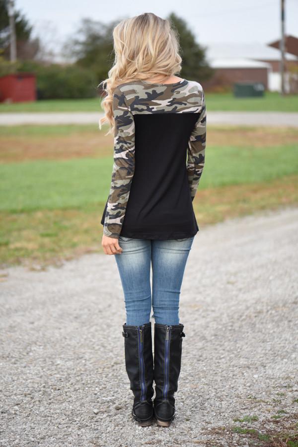 Camo Sparkle Pocket Top ~ Black