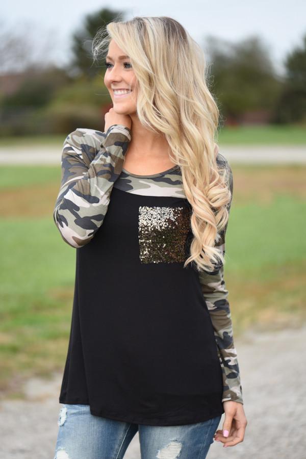 Camo Sparkle Pocket Top ~ Black