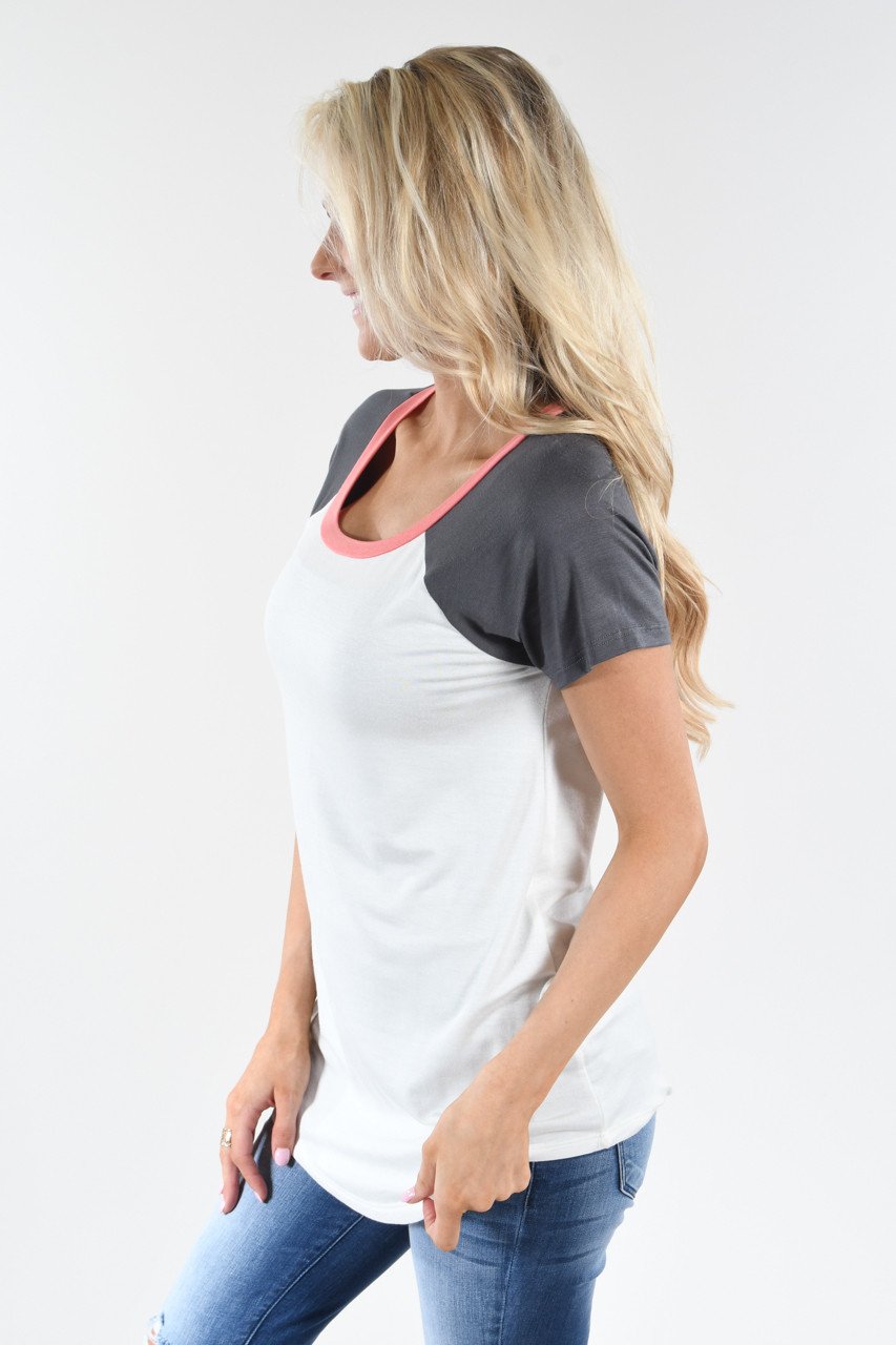 Coral and Grey Collar Top