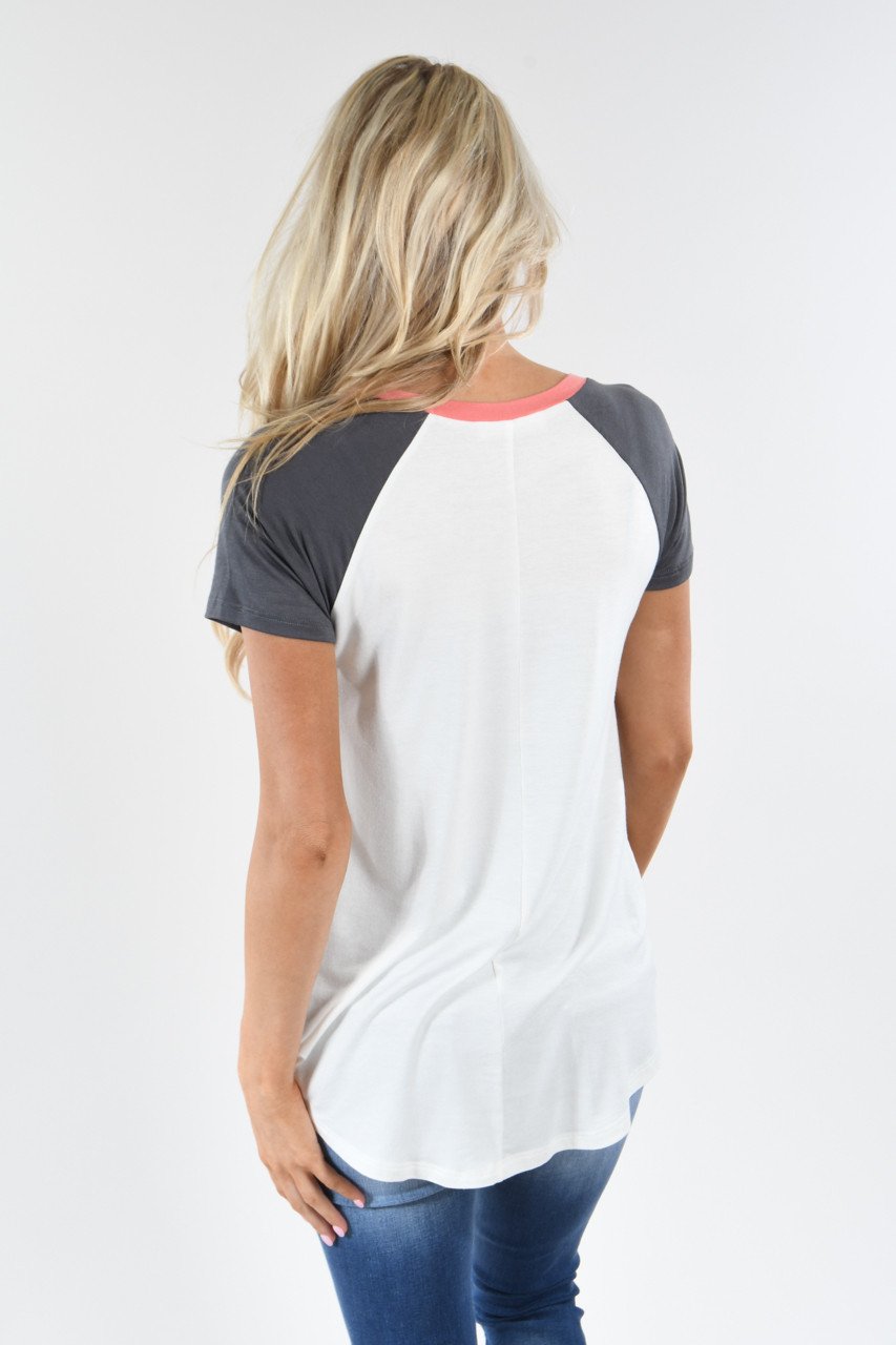 Coral and Grey Collar Top