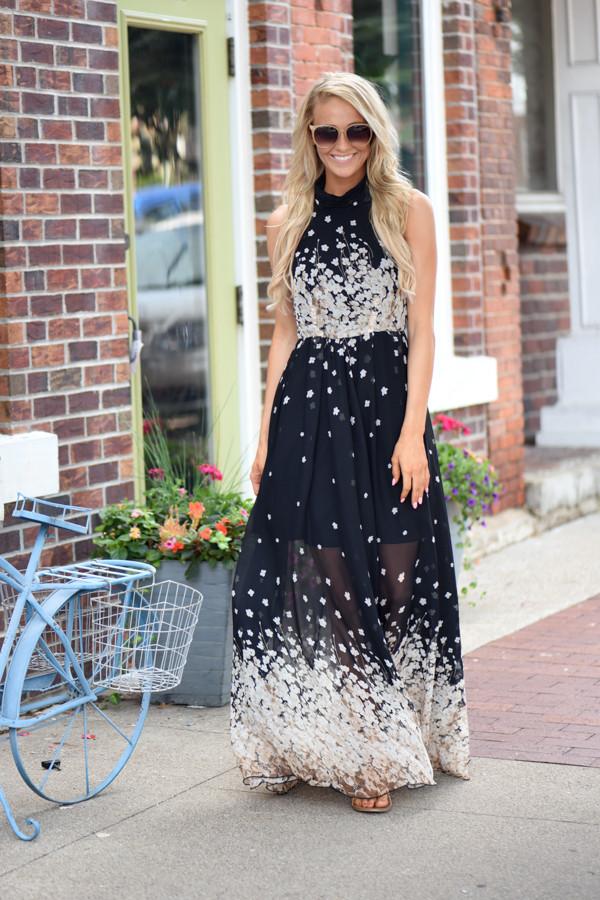 Cherry Blossoms Maxi Dress ~ Black