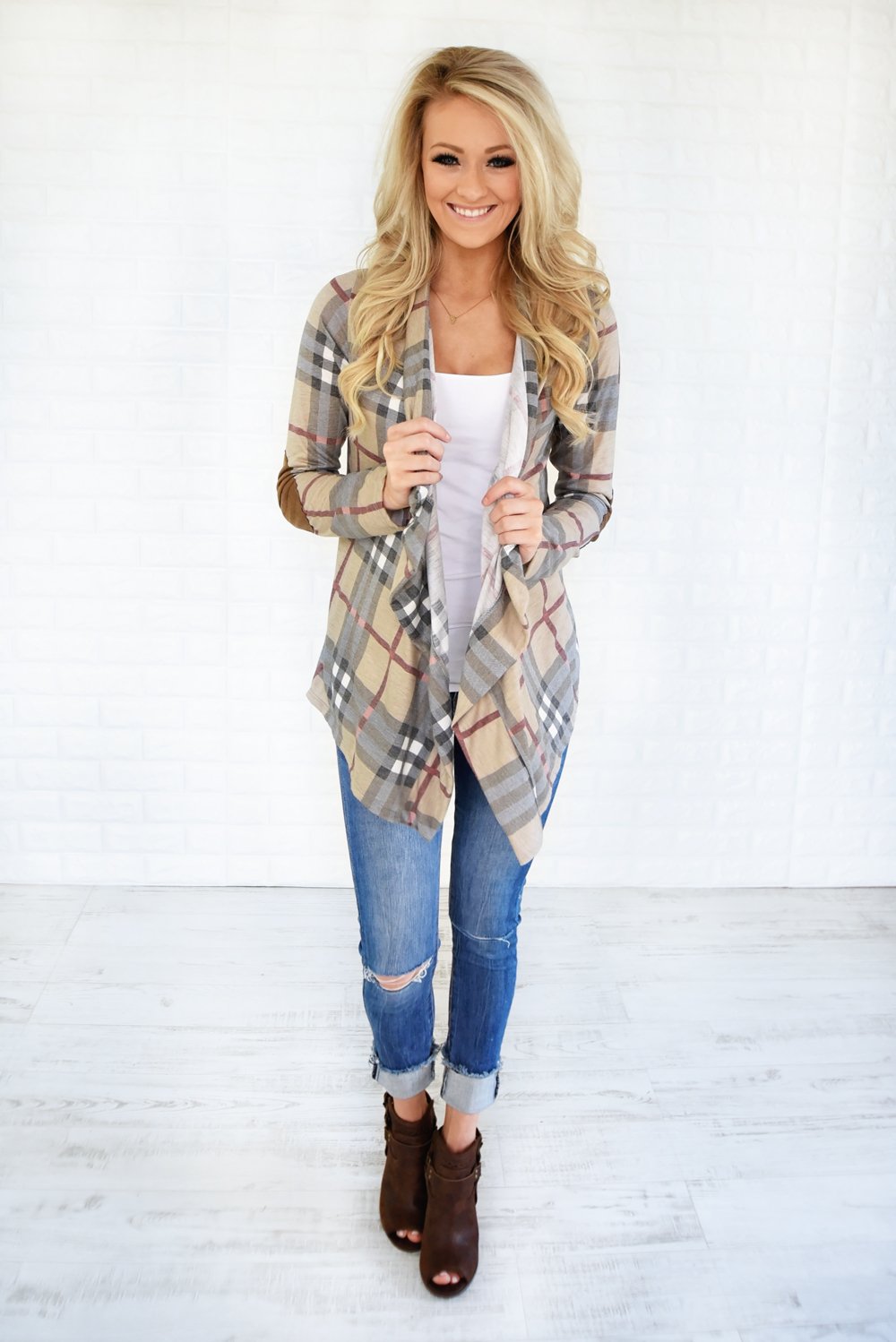 Plaid About You Cardigan ~ Taupe